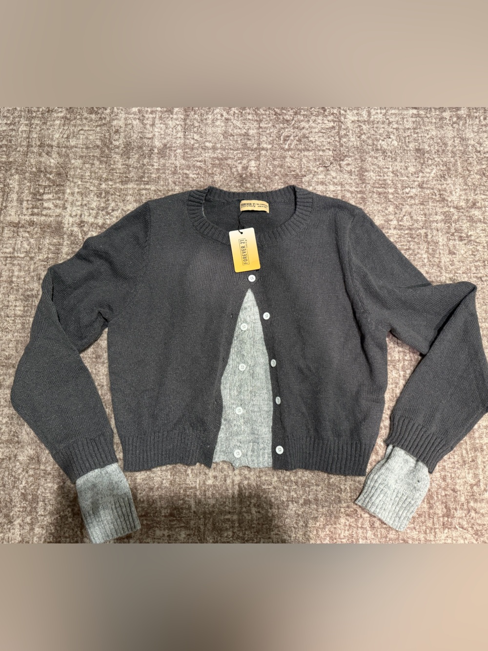 Forever 21 Black Cardigan with Gray Contrast Placket & Cuffs